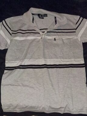 Ada Men's Light Gray Polo with Black & White Stripes